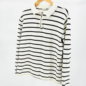 Vintage 90s Preppy White Black Stripe Cotton Quarter Zip Sweater